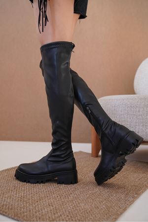 Kadın Verity Diz Üstü Streç Çizme - siyah-deri