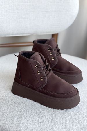 Kadın Pastor Kürklü Kısa Bot - Kahve-Süet