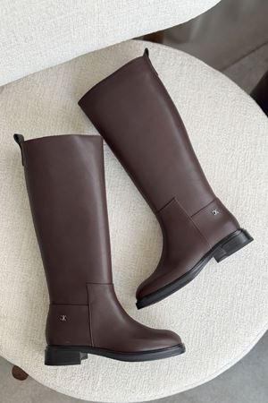 Kadın Poter Düz Tabanlı Tokalı Çizme - Kahve-Deri