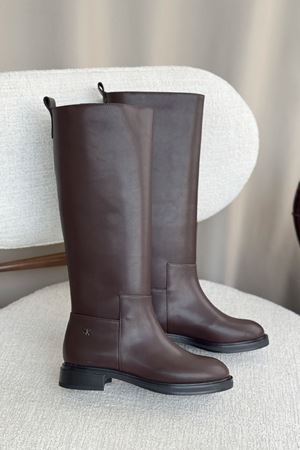 Kadın Poter Düz Tabanlı Tokalı Çizme - Kahve-Deri