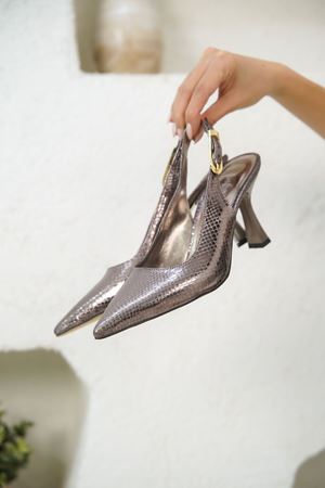 Kadın Ovis Sivri Topuklu Ayakkabı - Platin Yılan