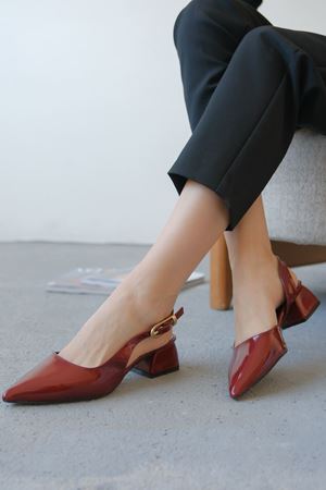 Kadın Efect Tokalı Kısa Topuklu Ayakkabı - Bordo-Rugan