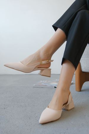 Kadın Efect Tokalı Kısa Topuklu Ayakkabı - Mat Ten