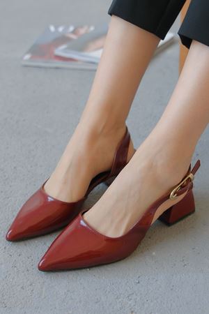 Kadın Efect Tokalı Kısa Topuklu Ayakkabı - Bordo-Rugan