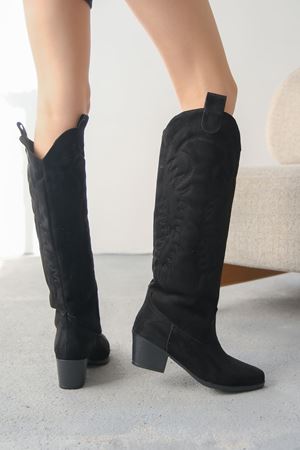 Kadın Rendon Kovboy Çizme - Düz-Siyah Süet