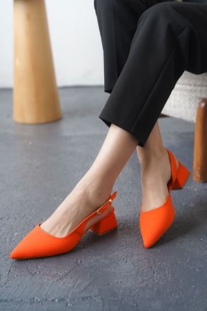 Kadın Efect Tokalı Kısa Topuklu Ayakkabı - Mat-Turuncu