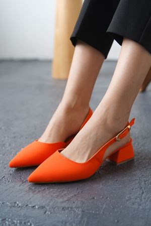 Kadın Efect Tokalı Kısa Topuklu Ayakkabı - Mat-Turuncu