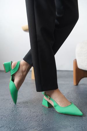 Kadın Efect Tokalı Kısa Topuklu Ayakkabı - Mat-Yeşil