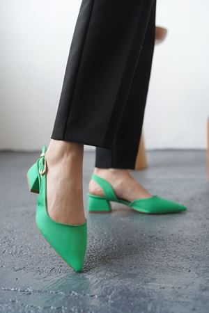 Kadın Efect Tokalı Kısa Topuklu Ayakkabı - Mat-Yeşil