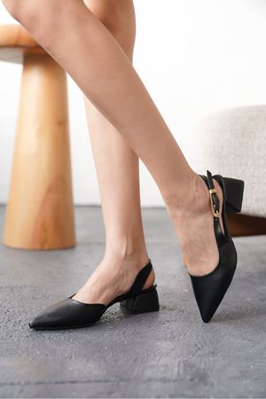 Kadın Efect Tokalı Kısa Topuklu Ayakkabı - siyah-deri