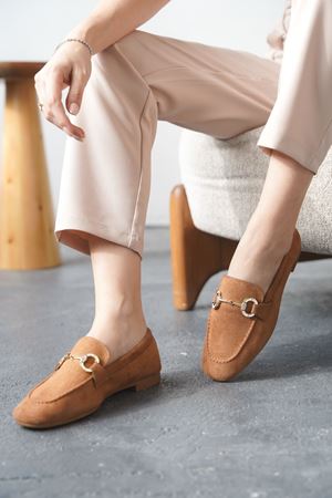 Kadın Nicol Tokalı Düz Babet - Taba Süet