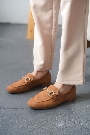 Kadın Nicol Tokalı Düz Babet - Taba Süet