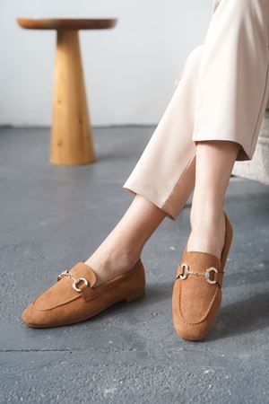 Kadın Nicol Tokalı Düz Babet - Taba Süet