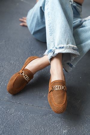 Kadın Celtic Tokalı Düz Babet - Taba Süet