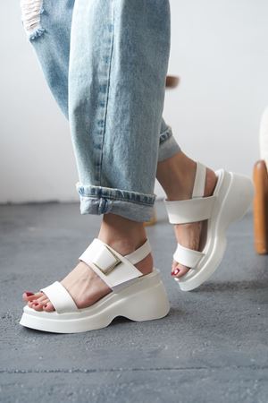 Kadın Lizbon Kalın Tabanlı Sandalet - Beyaz