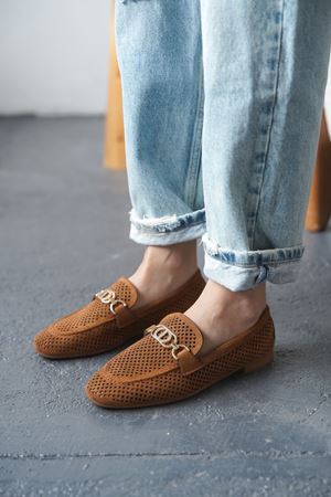 Kadın Celtic Tokalı Düz Babet - Taba Süet