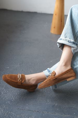 Kadın Celtic Tokalı Düz Babet - Taba Süet