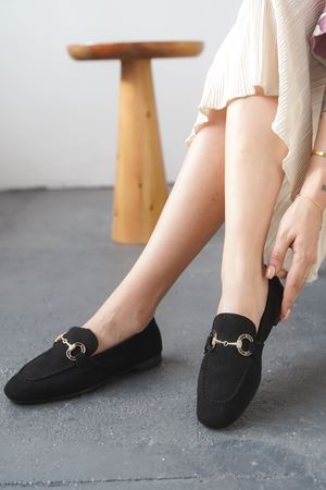 Kadın Nicol Tokalı Düz Babet - Siyah Süet