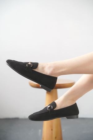 Kadın Nicol Tokalı Düz Babet - Siyah Süet