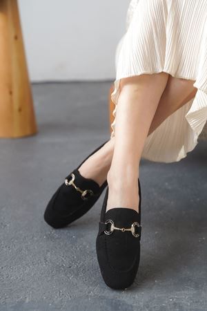 Kadın Nicol Tokalı Düz Babet - Siyah Süet