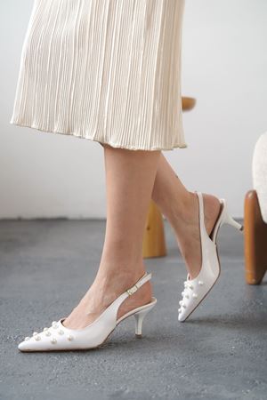 Kadın Volate Troklu Kısa Topuklu Ayakkabı - Beyaz-Rugan