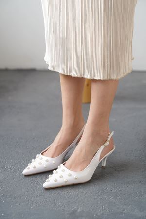 Kadın Volate Troklu Kısa Topuklu Ayakkabı - Beyaz-Rugan