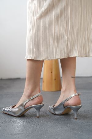 Kadın Volate Troklu Kısa Topuklu Ayakkabı - Gümüş