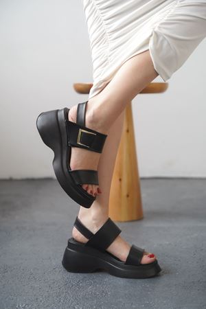 Kadın Lizbon Kalın Tabanlı Sandalet - siyah-deri