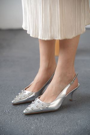 Kadın Volate Troklu Kısa Topuklu Ayakkabı - Gümüş
