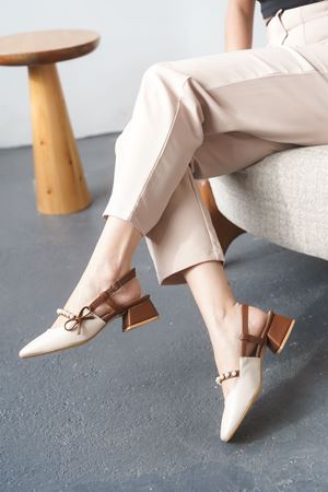 Kadın Maste İncili Kısa Topuklu Ayakkabı - Ten-Taba