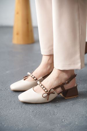 Kadın Maste İncili Kısa Topuklu Ayakkabı - Ten-Taba