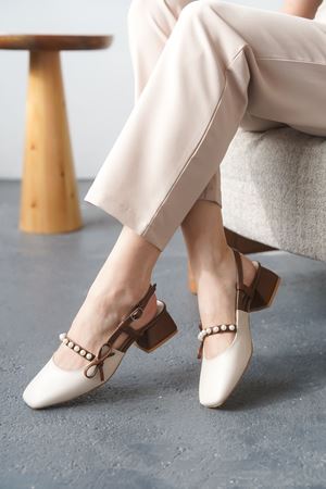 Kadın Maste İncili Kısa Topuklu Ayakkabı - Ten-Taba