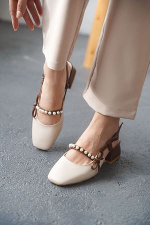 Kadın Maste İncili Kısa Topuklu Ayakkabı - Ten-Taba