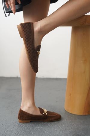 Kadın Celtic Tokalı Düz Babet - Kahve-Süet