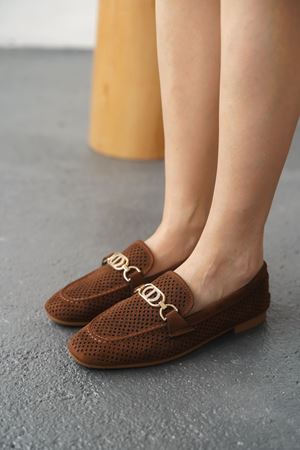 Kadın Celtic Tokalı Düz Babet - Kahve-Süet