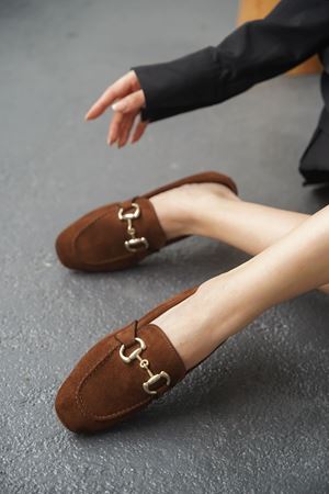 Kadın Nicol Tokalı Düz Babet - Kahve-Süet