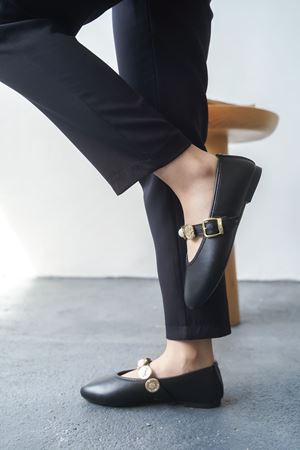 Kadın Venily Pullu Düz Babet - siyah-deri