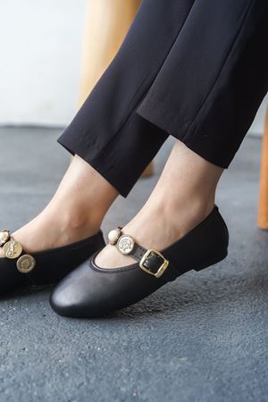 Kadın Venily Pullu Düz Babet - siyah-deri