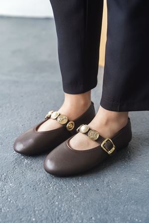 Kadın Venily Pullu Düz Babet - Kahve-Deri