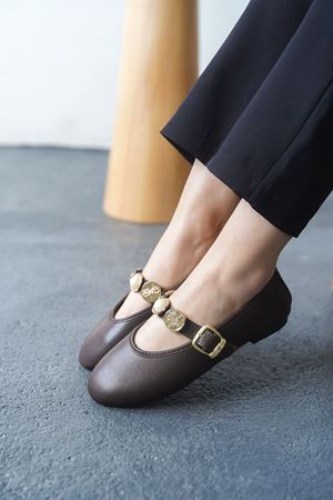 Kadın Venily Pullu Düz Babet - Kahve-Deri