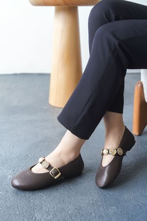 Kadın Venily Pullu Düz Babet - Kahve-Deri