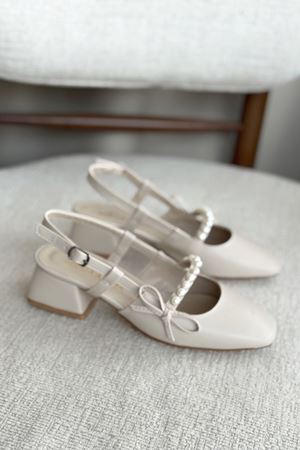 Kadın Maste İncili Kısa Topuklu Ayakkabı - Ten Deri