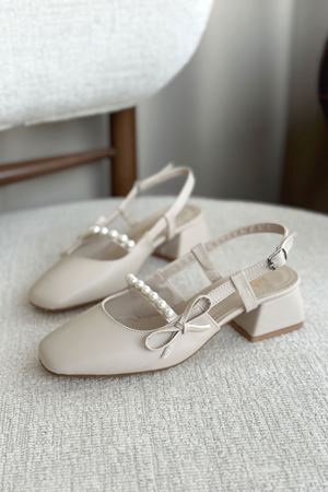 Kadın Maste İncili Kısa Topuklu Ayakkabı - Ten Deri