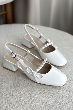 Kadın Maste İncili Kısa Topuklu Ayakkabı - Beyaz-Rugan