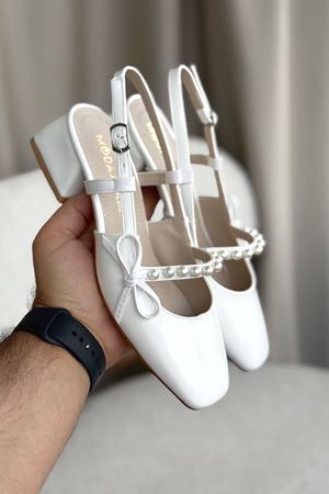 Kadın Maste İncili Kısa Topuklu Ayakkabı - Beyaz-Rugan