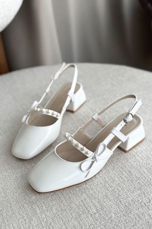 Kadın Maste İncili Kısa Topuklu Ayakkabı - Beyaz-Rugan