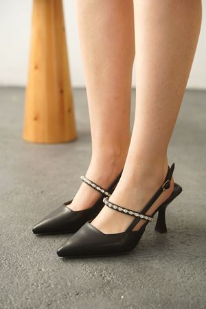 Kadın Simao Taşlı Topuklu Ayakkabı  - siyah-deri