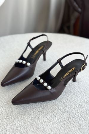 Kadın Justin İncili Kısa Topuklu Ayakkabı - Kahve-Deri