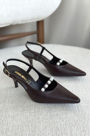 Kadın Justin İncili Kısa Topuklu Ayakkabı - Kahve-Deri