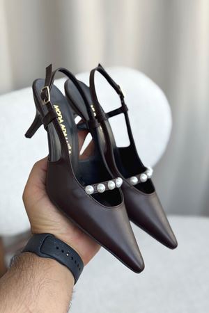 Kadın Justin İncili Kısa Topuklu Ayakkabı - Kahve-Deri